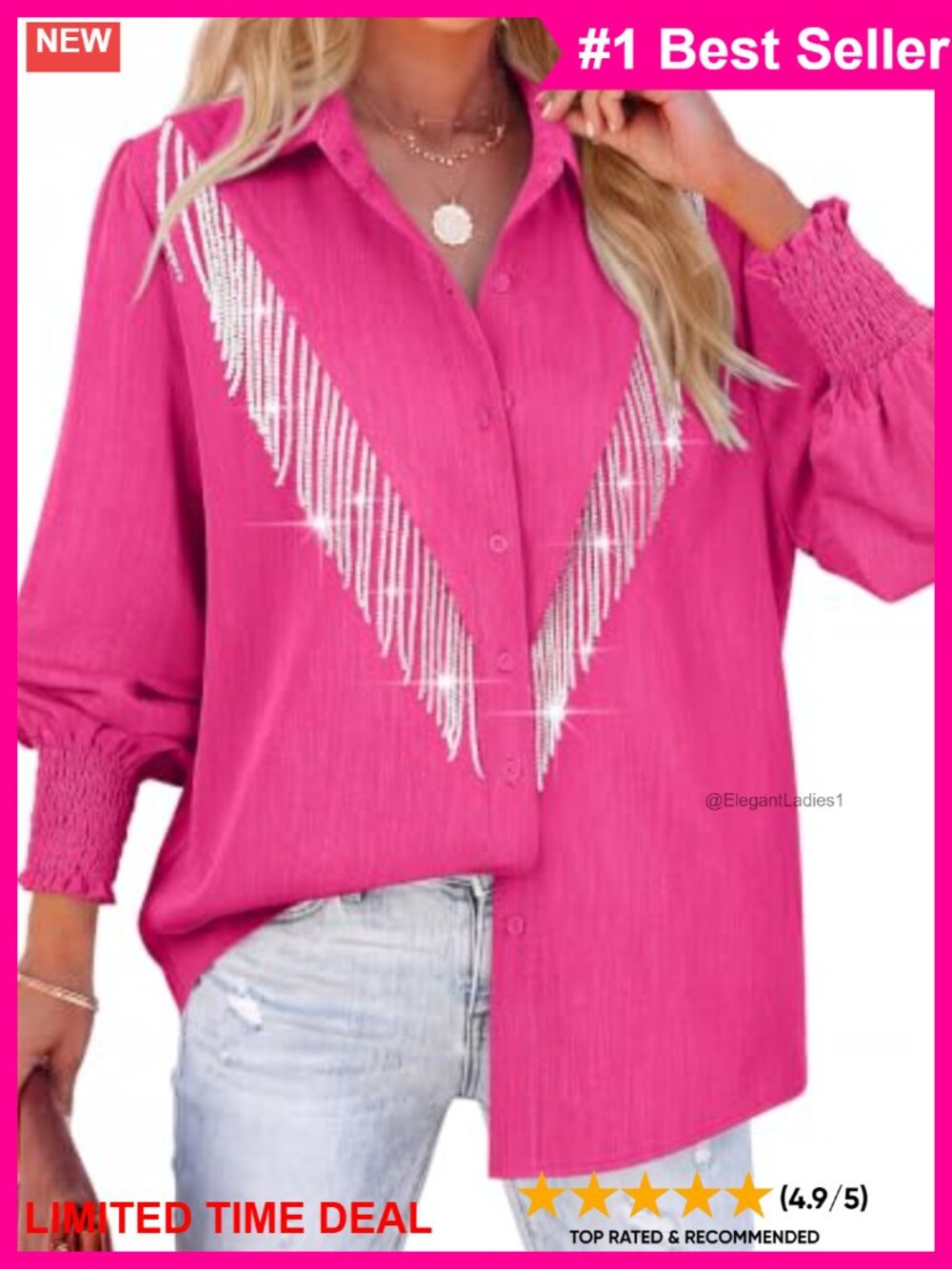 Women's Western Fringe Button Down Blouse Long Puff Sleeve Rodeo Cowgirl